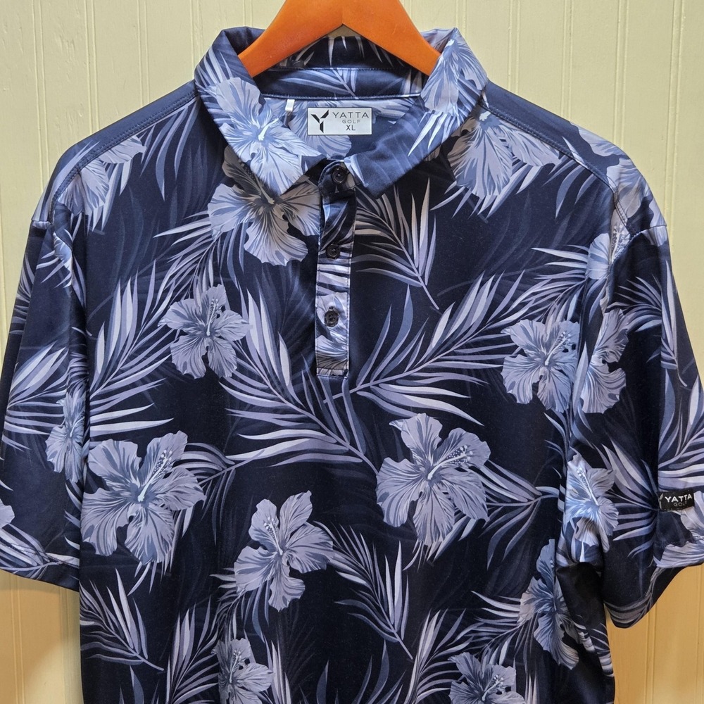 Yatta Golf Polo Shirt Mens XL Blue Floral Tropical Stretch Jersey Knit Top